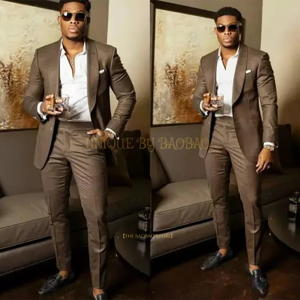 Men's Brown 2 Piece Suit - Shawl Collar Single Breasted Tuxedo Blazer & Pants Set For Wedding, Business & Formal Events