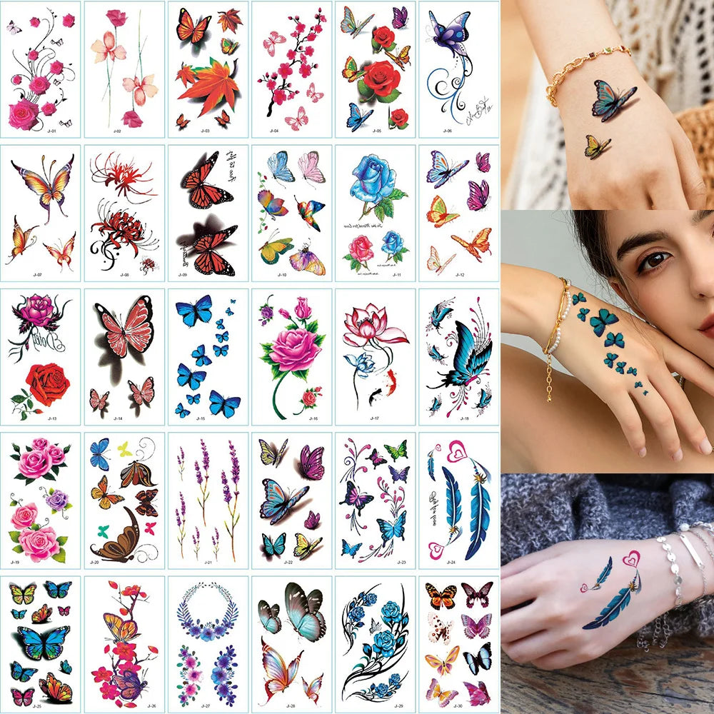 30pcs Black Temporary Tattoo Stickers - Flower Butterfly Rose Moon Star Mandala Designs for Hand, Chest & Body Art