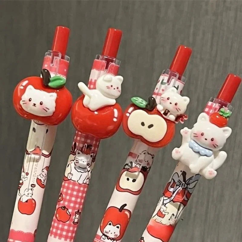 4-Piece Kawaii Apple Cat Gel Pen Set – 0.5mm Black Ink Cute Soft-Grip Pens for School and Office