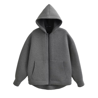 TRAFZA Autumn Women's Gray Jacket – Hooded, Long Sleeve, Zipper Coat with Big Pockets, Loose Casual Outerwear Tops