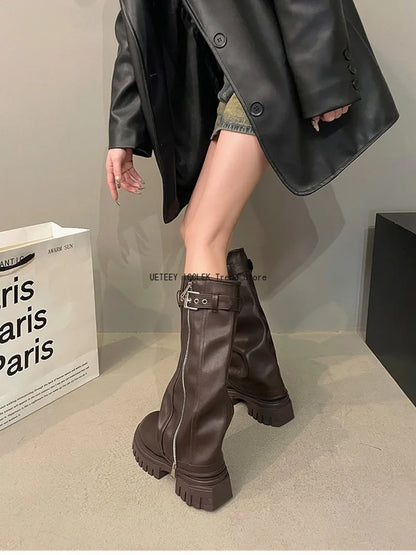 Winter Women's Biker Boots – Fashion Belt Buckle Knee-High Platform Booties
