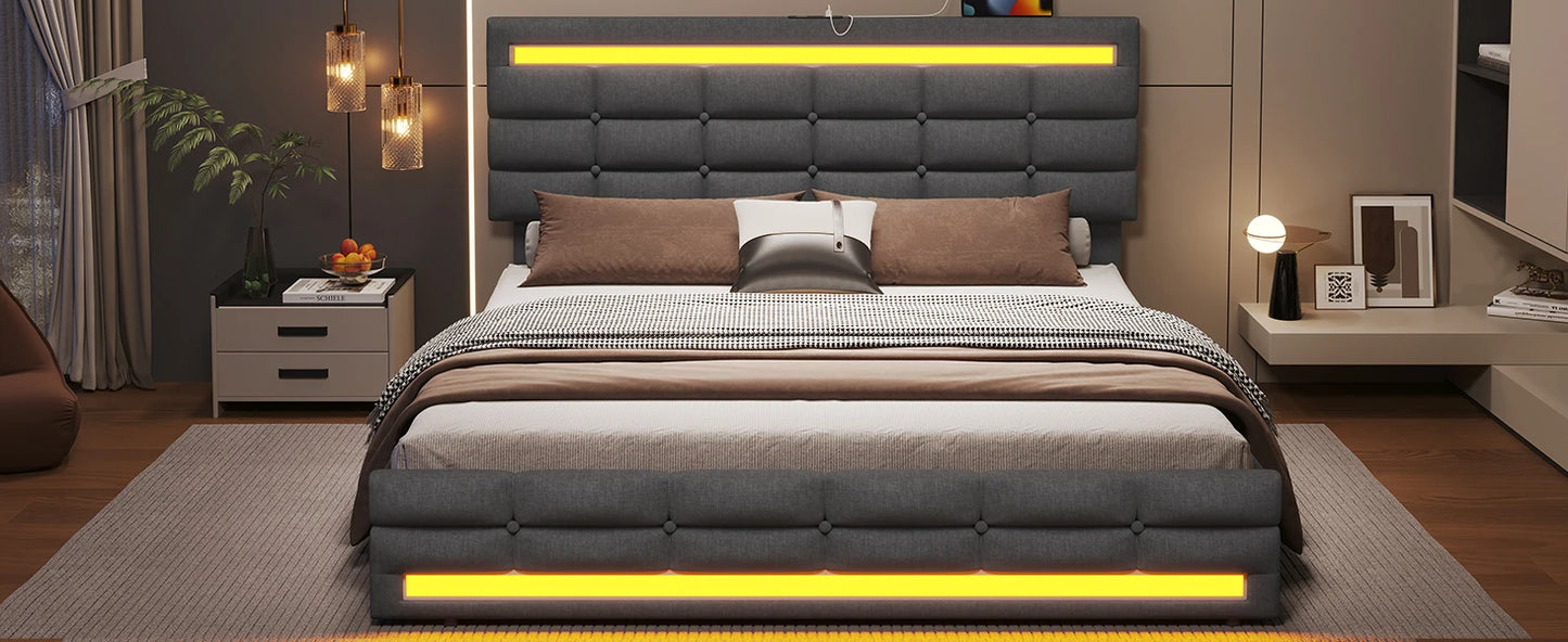 LED Full Size Bed Frame – Upholstered Platform Bed with LED Headboard & Footboard, Square Stitched Tufted Design