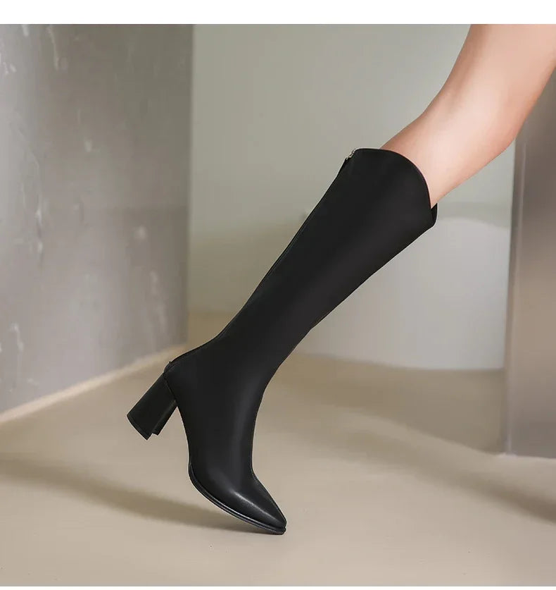 Plus Size 34-43 Women's Knee-High Boots – Zipper Thick High Heels for Autumn & Winter