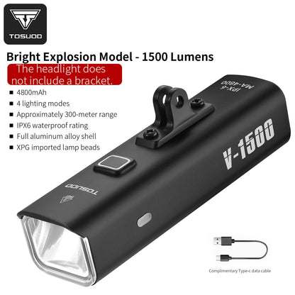 TOSUOD 1500-Lumen Bicycle Front Light - 4800mAh USB Rechargeable Splash-Resistant Cycling Lamp