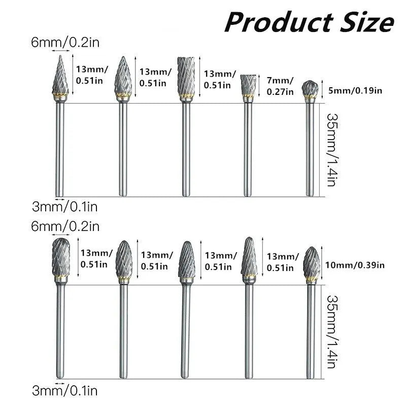 10pcs Carbide Burr Set - Double Cut Rotary Files for Woodworking & Carving, Tungsten Steel Milling Cutters
