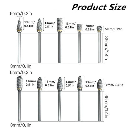 10pcs Carbide Burr Set - Double Cut Rotary Files for Woodworking & Carving, Tungsten Steel Milling Cutters