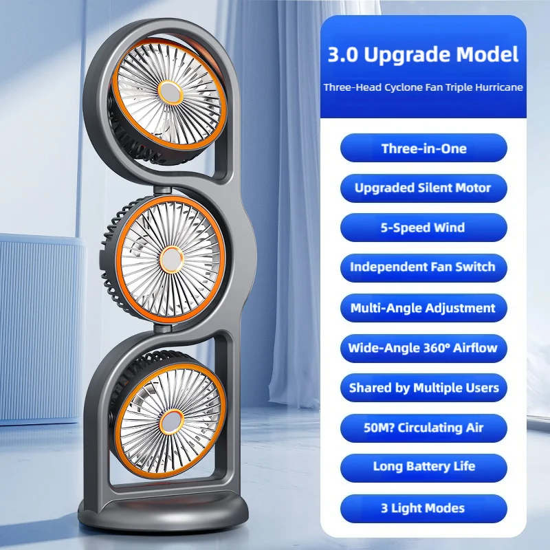 Portable USB Rechargeable Three Head Fan - 360° Air Circulation 5 Speed Desktop Cooling Fan for Dorm, Office & Outdoor Use