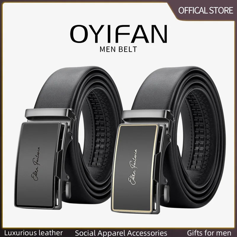 OYIFAN Men’s Genuine Leather Belt – Designer Alloy Buckle Automatic Ratchet Belt