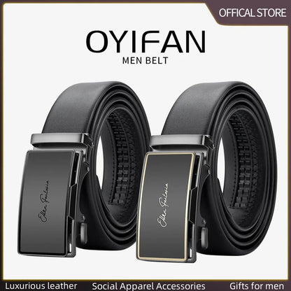 OYIFAN Men’s Genuine Leather Belt – Designer Alloy Buckle Automatic Ratchet Belt
