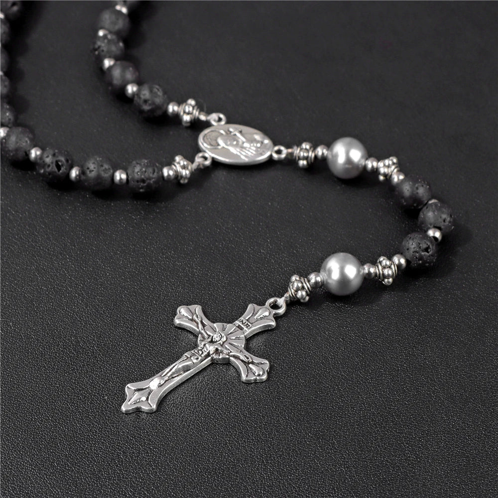 6mm Tiger Eye Rosary Beads Necklace – Catholic Jesus & Virgin Mary Pendant Long Knotted Chain Religious Jewelry for Men & Women