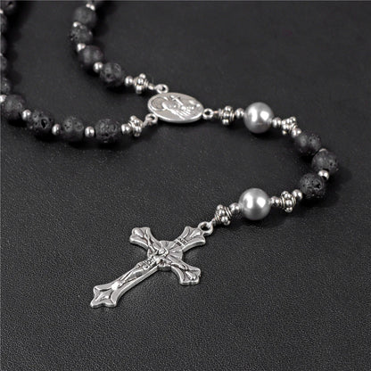 6mm Tiger Eye Rosary Beads Necklace – Catholic Jesus & Virgin Mary Pendant Long Knotted Chain Religious Jewelry for Men & Women