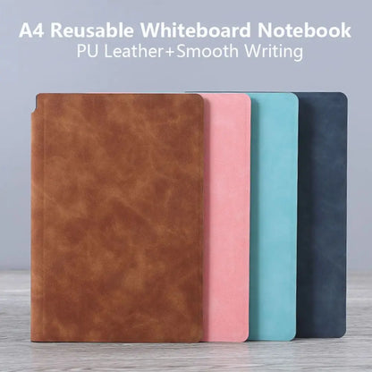 Reusable A4 Whiteboard Notebook - Erasable Leather Memo Pad with Pen & Cleaning Cloth