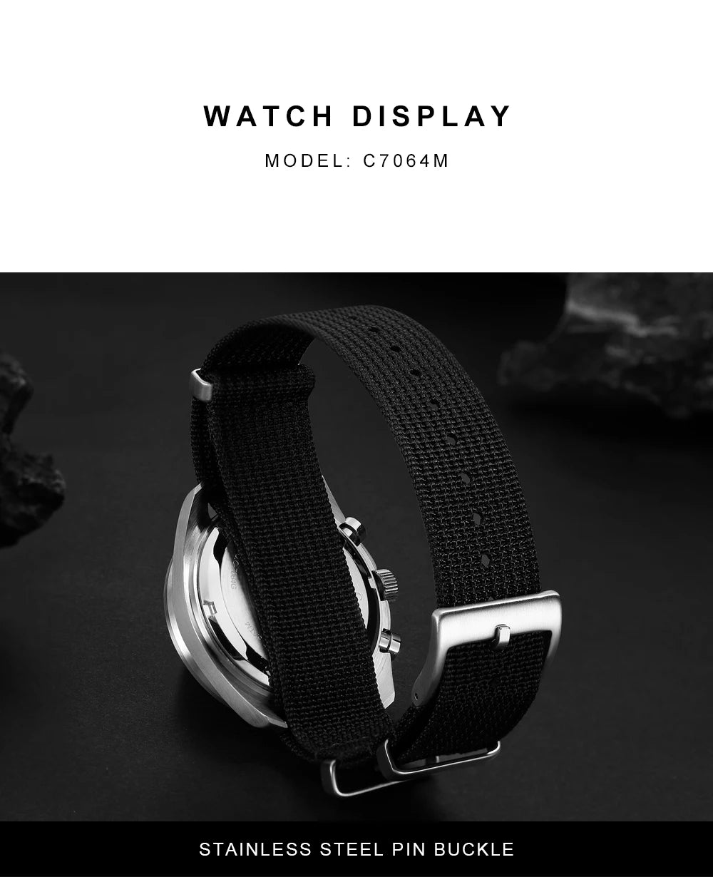 CADISEN Men's Luxury Watch – Quartz VK68 Chronograph, Sapphire AR Crystal, Canvas Strap Speed Style Wristwatch