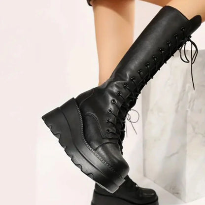 DoraTasia Women’s Black Gothic Mid-Calf Boots – Round Toe, Side Zipper Lace-Up Street & Christmas Party Shoes