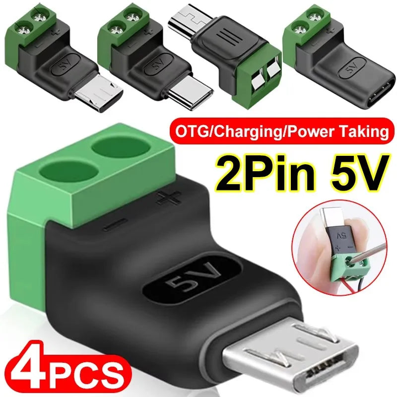 USB-C to 2-Pin Terminal Adapter - Solderless Screw-Type 5V Charging Connector, Green, 1–4 Pack