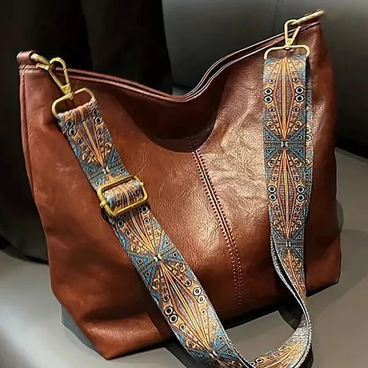 Wide Geometric Strap Shoulder Bag - Large Capacity Crossbody PU Leather Bag for Women, Retro Style for Shopping and Travel