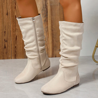 Pleated PU Women’s Fashion Boots – Casual Side-Zip Round Toe Flat High Solid Color Boots