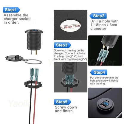 48W Quick Charge 3.0 Waterproof USB Car Charger 12V/24V PD Type-C + QC3.0 Dual USB Fast Charging Socket with LED Voltmeter for Cars, Trucks & Boats