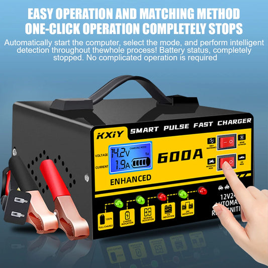 12V/24V Intelligent Car Battery Charger – 600A Digital LCD Pulse Repair with Automatic Stop & Temperature Detection