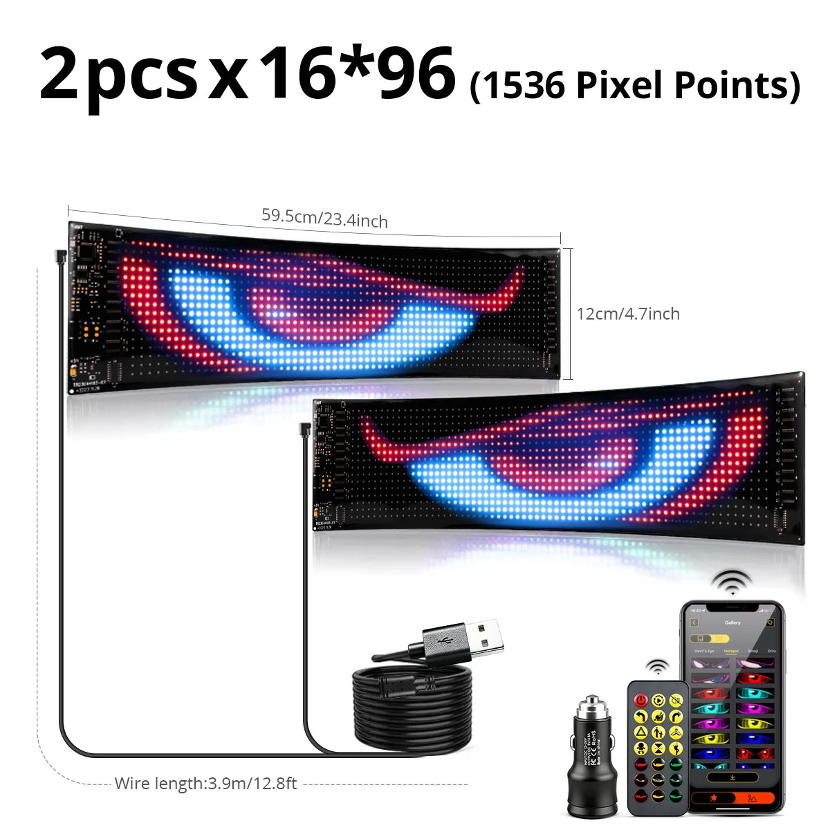 2PCS Programmable RGB LED Car Display Panels - DIY Scrolling Text, Pixel Matrix, Devil’s Eye Animation Lights for Cars and Trucks