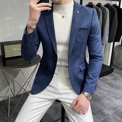 Men's Deerskin Fleece Blazer – Slim Fit Single Button Suit Jacket for Business & Casual Wear