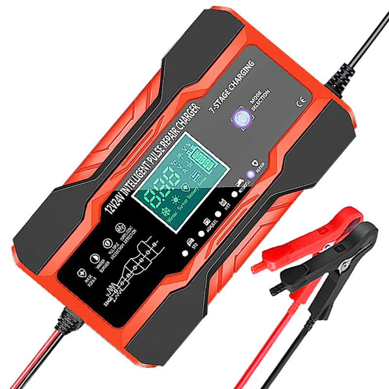 12V/24V Smart Battery Charger — 10A/12A Fast Charger with 7-Stage Pulse Repair for AGM, GEL, WET Lead-Acid Car Batteries