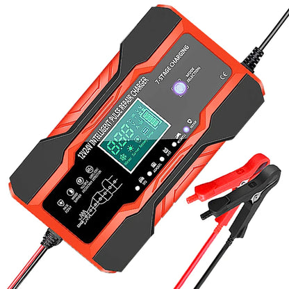 12V/24V Smart Battery Charger — 10A/12A Fast Charger with 7-Stage Pulse Repair for AGM, GEL, WET Lead-Acid Car Batteries