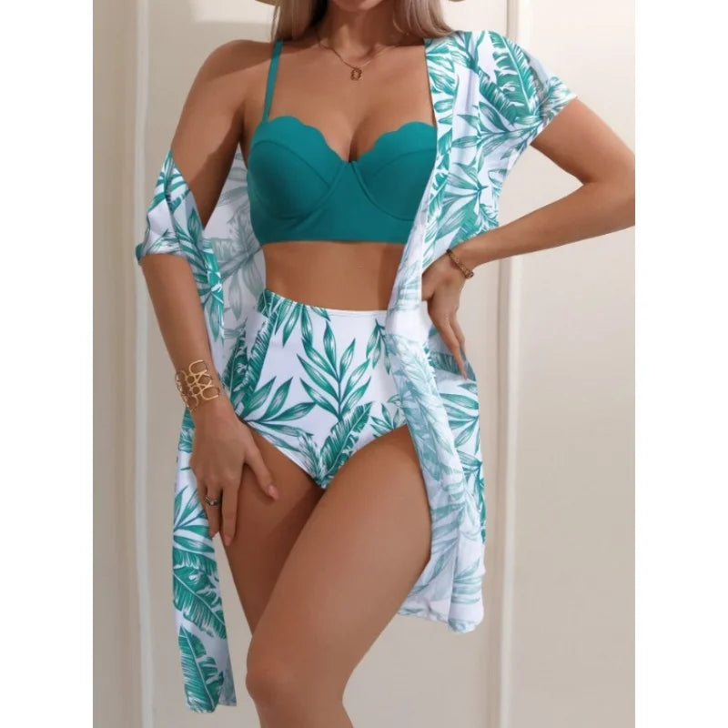 Elegant 3-Piece Vintage Bikini Set for Women – High Waist Swimsuit with Mesh Cover-Up 2025 Bathing Suit