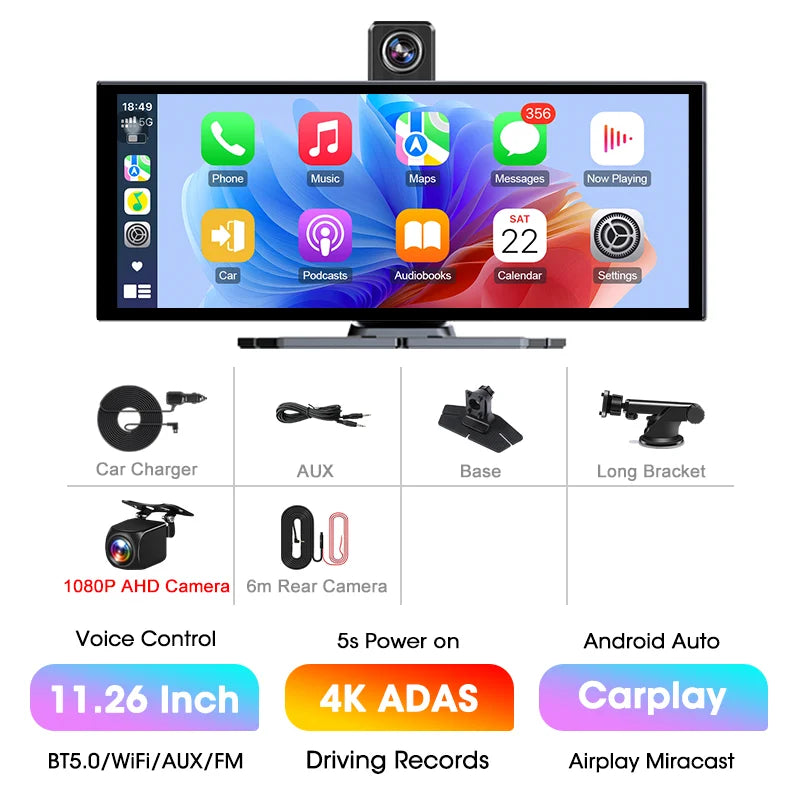 11.26” 4K ADAS Dash Cam Display – Wireless Android Auto & CarPlay Screen DVR with Dual Recording, Night Vision & FM Car System