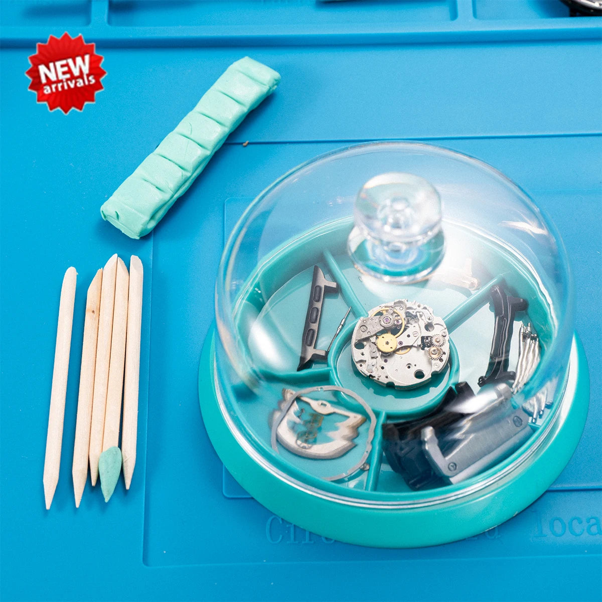 Watch Movement Cleaning Clay & Rubber Putty – 6-Slot Tray with Dust Cover for Watch Repair & Decontamination