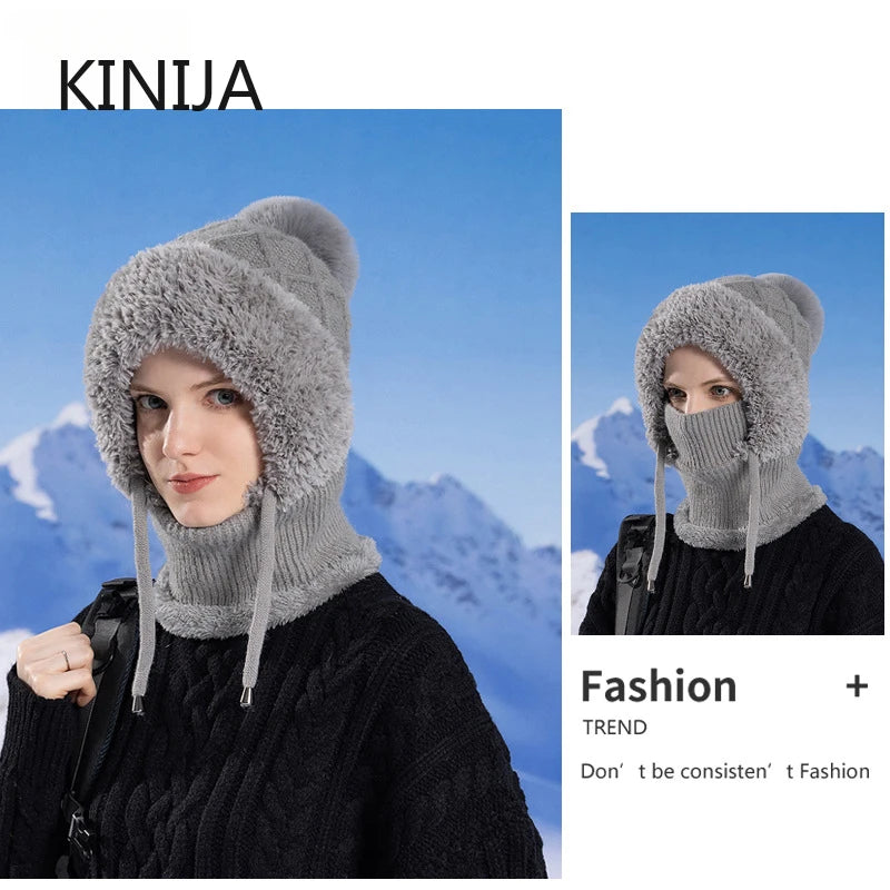 Women's Winter Velvet Knitted Woolen Balaclava - Fluffy Ear Protection Mask with Integrated Neck Warmer, Hooded Cap for Ladies