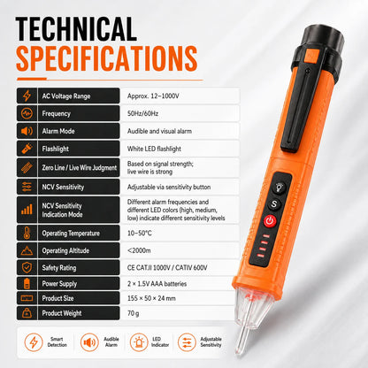 Non-Contact Voltage Tester Pen – 12–1000V AC Live Wire Detector and Breakpoint Finder for Electrical Wiring and Outlets