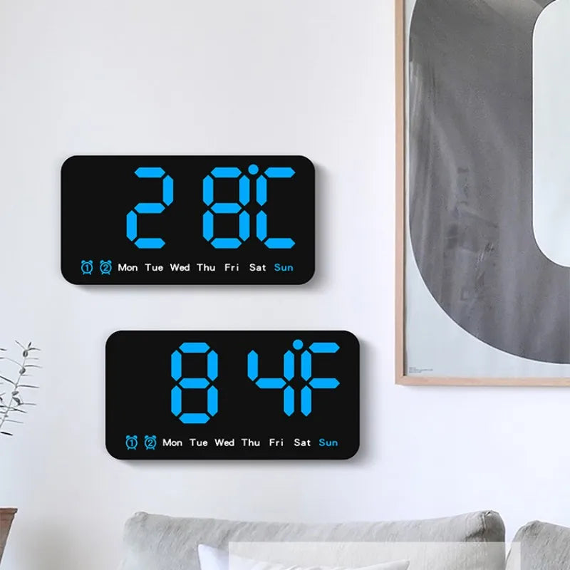 Voice Control Large Digital Wall Clock – LED Display with Temperature, Date, Week, DST, Snooze, Dual Alarm, 12/24H, Wall-Mounted or Table Use