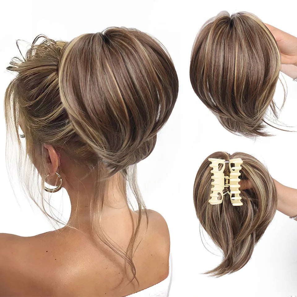 Messy Bun Hair Piece – Claw Clip-in Short Straight Ponytail Extension, Tousled Updo Bun for Women & Girls