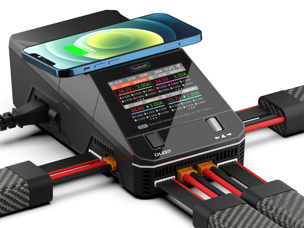 ToolkitRC Q6AC Charger — AC 400W/DC 1000W 4CH with USB A/Type-C, LiPo 1-6S, NiMH 1-16S, PB 1-10S, IPS Display