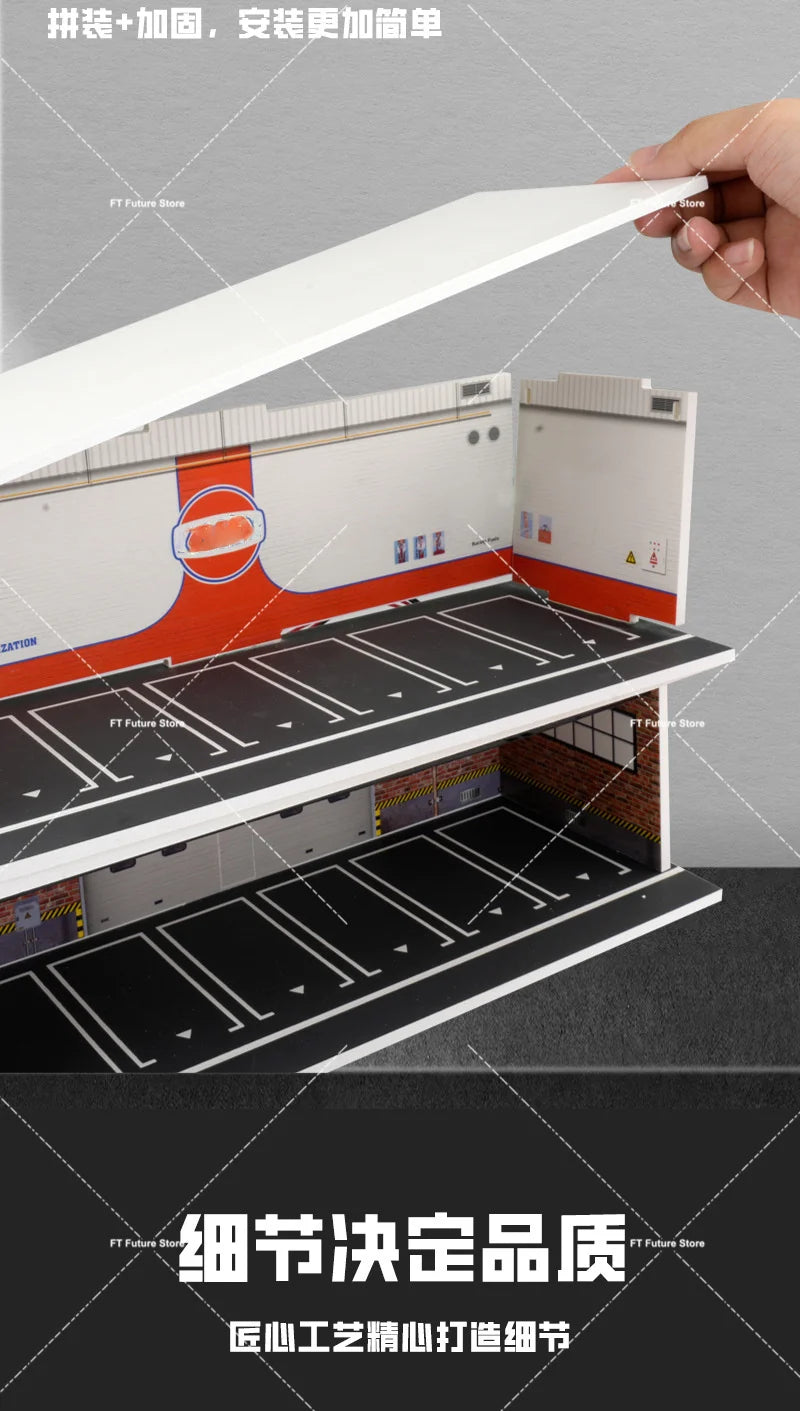1:64 Scale Garage Scene Model with Lights – Assembled Parking Lot Diorama for Miniature Car Display