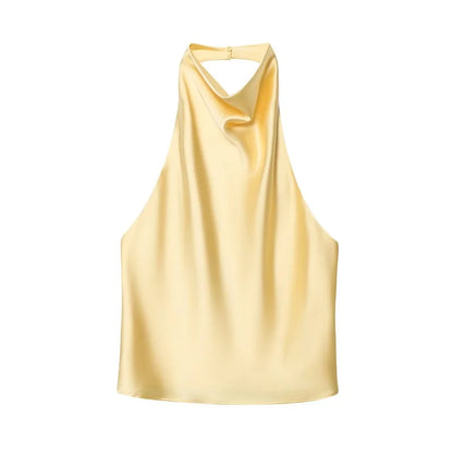 Women's Satin Halter Backless Camisole Top – Off Shoulder Summer Beach Tank Blouse