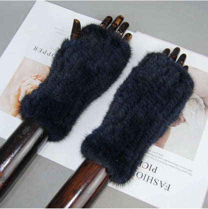 Women’s Winter Mink Fur Gloves – 100% Natural Fingerless Knitted Mittens for Warmth