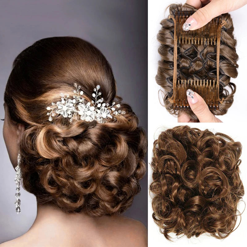 Short Messy Curly Hair Bun Extension – Easy Stretch Combs & Clip-in Ponytail Scrunchie Chignon for Hair Styling