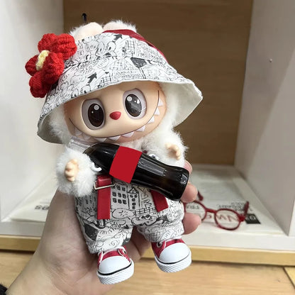 17cm 3rd Gen Labubu Trendy Retro Outfit – Graffiti Strap Pants, Hat & Sitting Party Pendant