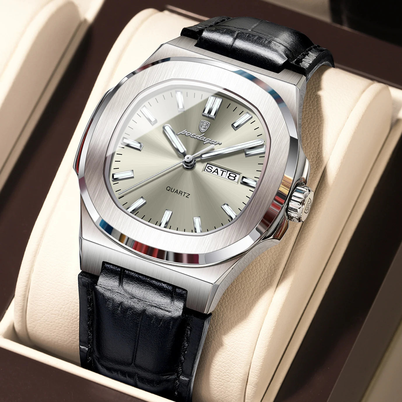 POEDAGAR Luxury Men’s Square Quartz Watch – Luminous Waterproof Leather Strap with Week Calendar