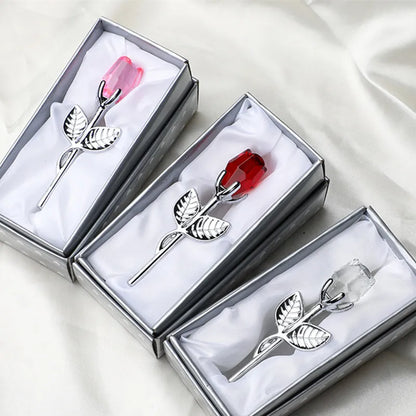 Valentine's Day Crystal Glass Rose with Silver or Gold Rod - Elegant Artificial Flower Gift for Girlfriend or Wedding Guests