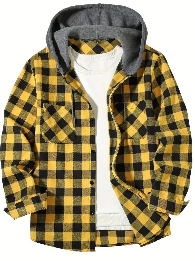 Youth Men’s Hooded Plaid Shirt - Slim Fit Long Sleeve Casual Travel & Streetwear Jacket