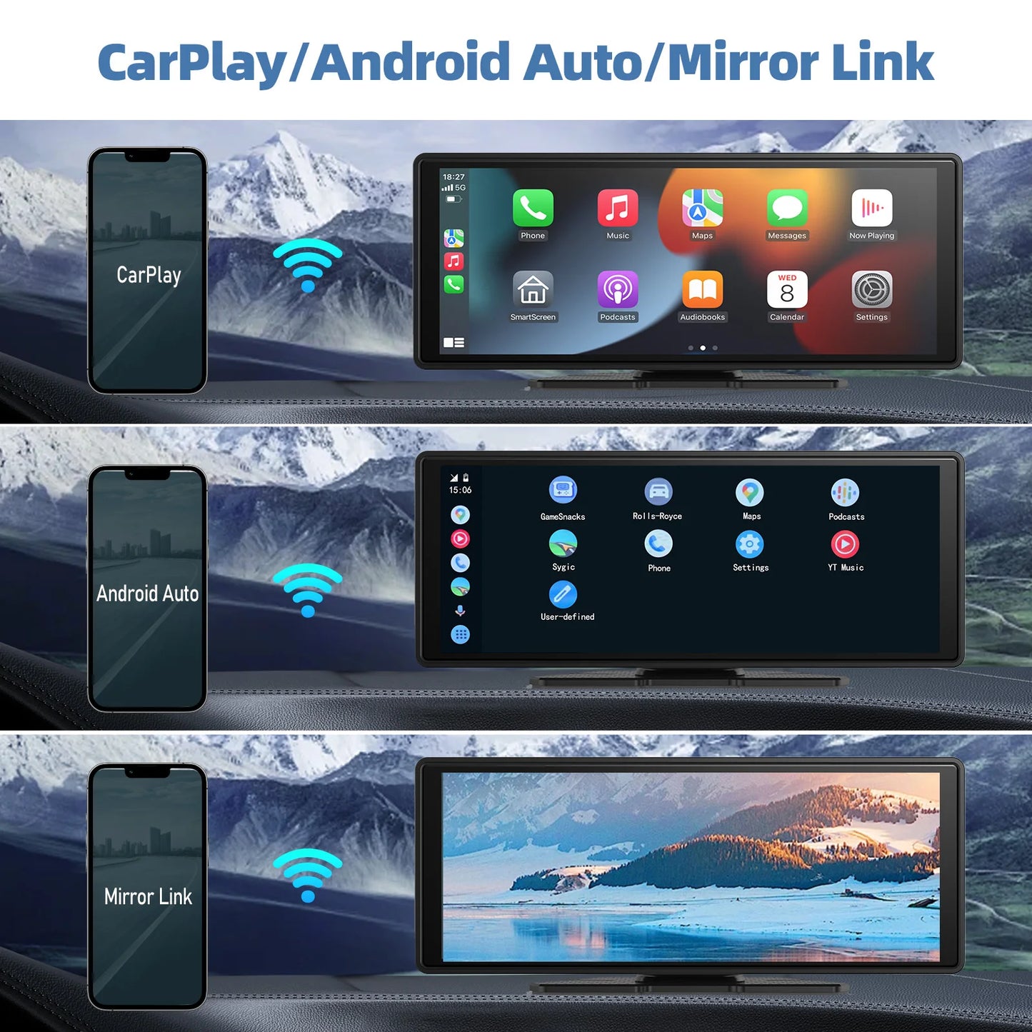 Portable Wireless CarPlay Screen - Universal Android Auto Touchscreen Car Stereo System