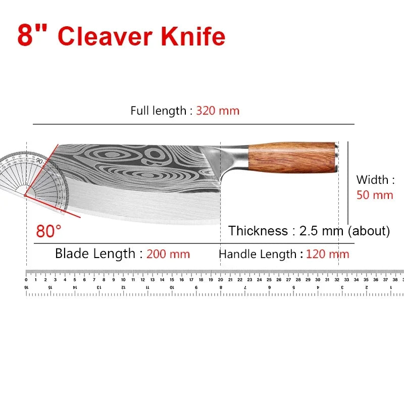 Stainless Steel Cleaver Kitchen Knife – Wooden Handle Utility Knife for Slicing Fish, Vegetables & Meat