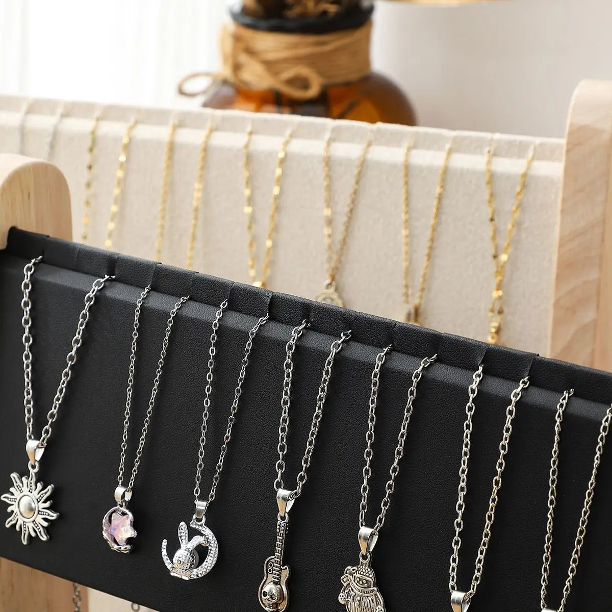 2-Layer Wooden Slope Jewelry Display Stand – Necklace & Pendant Organizer Rack Tray