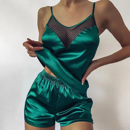 Women’s Summer Pajama Set – Pink Heart Print Ice Silk T-Shirt & Shorts, Comfortable Casual Round Neck Sleepwear