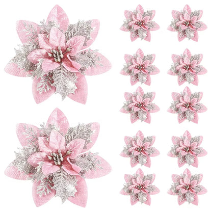 5/10PCS 14.5cm Christmas Flower Ornaments | Pink, Red, Gold Glitter Artificial Flowers for Tree & Home Xmas Decoration