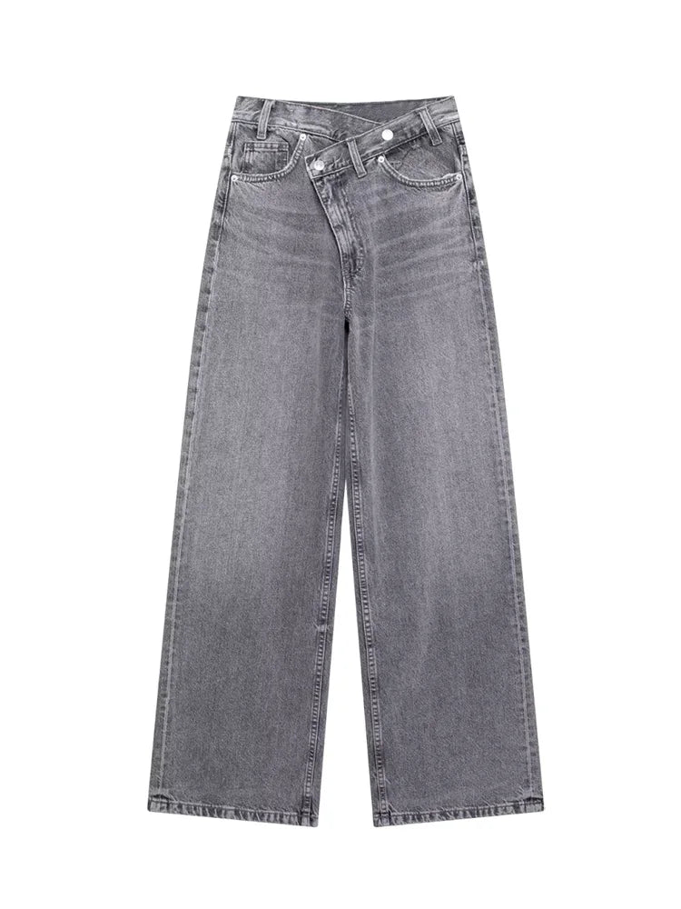 TRAF Women’s Basic Hundred Jeans — High Waist Asymmetric Wide-Leg Trousers, Casual Straight-Leg Fashion Jeans
