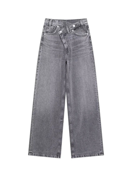 TRAF Women’s Basic Hundred Jeans — High Waist Asymmetric Wide-Leg Trousers, Casual Straight-Leg Fashion Jeans